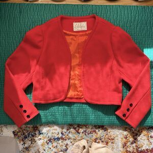 Vintage 50s Erlebacher Red Wool Bolero Blazer Jacket Orange Silk Lined XS Mint